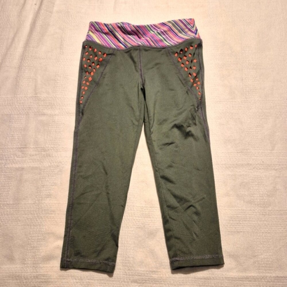 Everlast girls size S or 6/6X olive green cropped leggings bright band strips